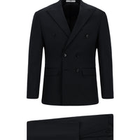 Black and Navy Blue 7 Drop Slim Fit Narrow Cut Cotton Lyocell Double-Breasted Suit