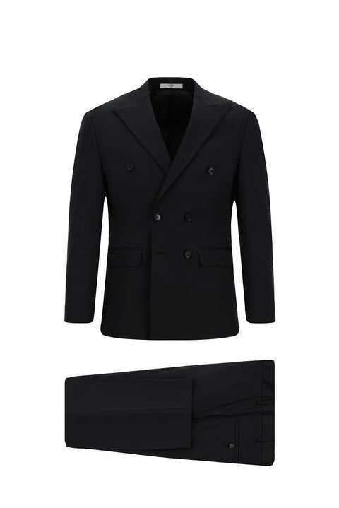 Black and Navy Blue 7 Drop Slim Fit Narrow Cut Cotton Lyocell Double-Breasted Suit