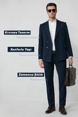  Koyu Lacivert 7 Drop Slim Fit Dar Kesim Mevsimlik Kruvaze Takım Elbise