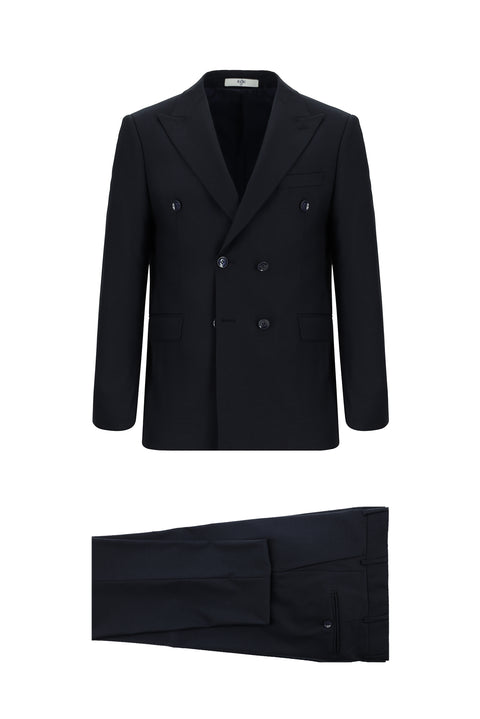 Dark Navy 7 Drop Slim Fit Patterned Double-Breasted Suit
