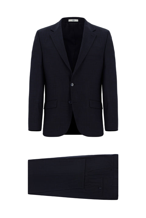 Black and Navy Blue 4-Drop Relaxed Fit Patterned Suit