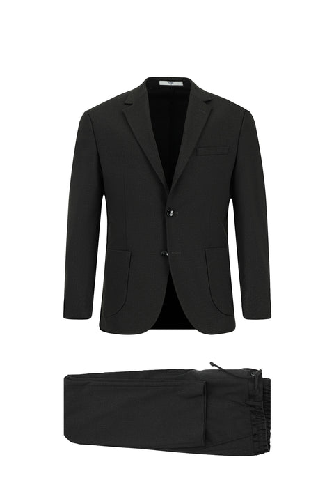 Black 6 Drop Regular Fit Standard Cut Patterned Elastic Waist Drawstring Suit