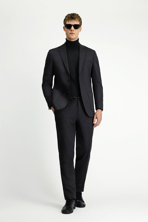 Black 6 Drop Regular Fit Standard Cut Patterned Elastic Waist Drawstring Suit