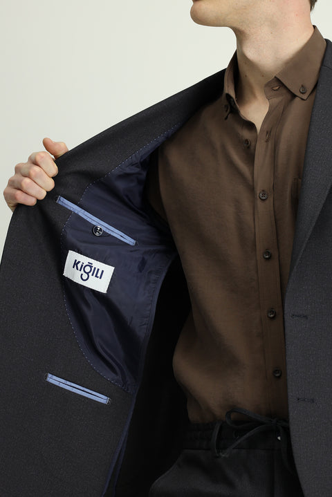 Dark Navy 6 Drop Regular Fit Standard Cut Patterned Elastic Waist Drawstring Suit