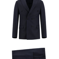 Black and Navy Blue 7 Drop Super Slim Fit Extra Narrow Cut Double-Breasted Patterned Suit