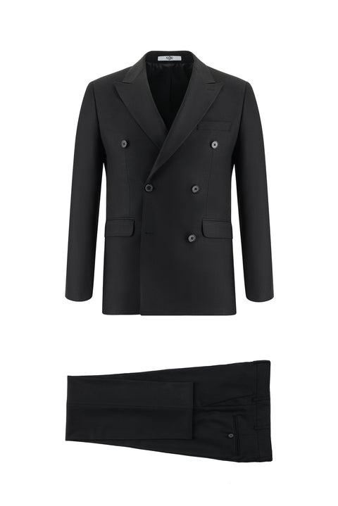 Black 6 Drop Regular Fit Standard Cut Patterned Double-Breasted Suit