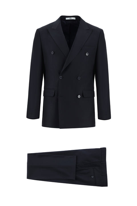 Dark Navy 7 Drop Slim Fit Patterned Double-Breasted Suit