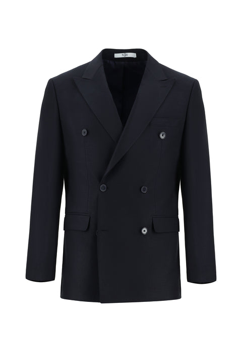 Dark Navy 7 Drop Slim Fit Patterned Double-Breasted Suit