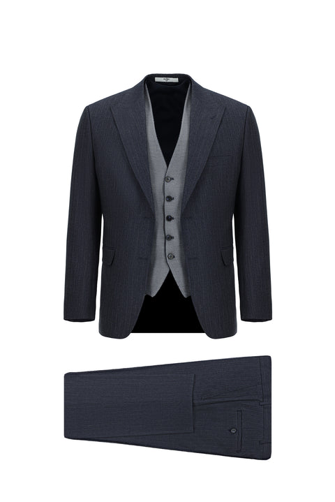 Medium Navy Blue 6 Drop Regular Fit Standard Cut Suit with Vest