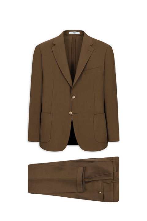 Medium Brown 7 Drop Slim Fit Narrow Cut Mono Collar Tobacco Pocket Elasticated Waist Patterned Modal Blend Suit