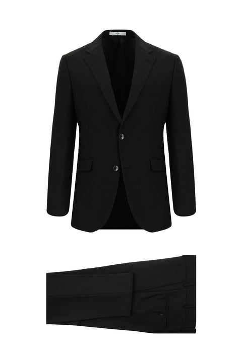 Black 4-Drop Relaxed Fit Wool Patterned Suit