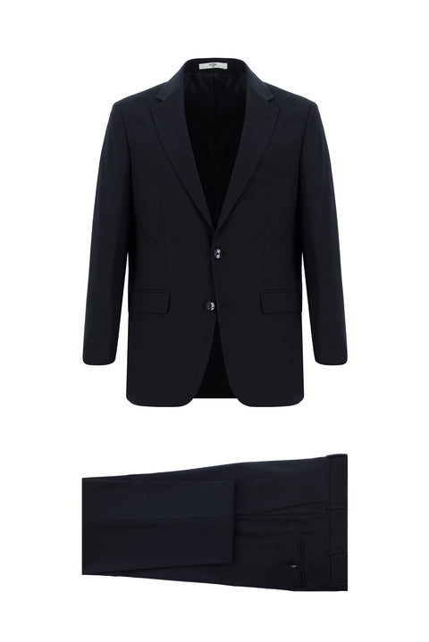 Dark Navy 4-Drop Relaxed Fit Wool Patterned Suit