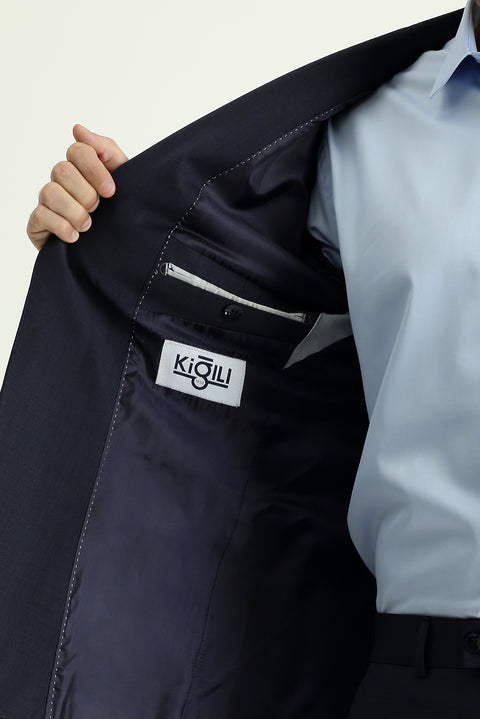 Dark Navy 8-Drop Muscle Fit Long Athletic Cut Wool Suit