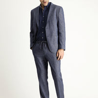 Dark Navy 7 Drop Super Slim Fit Extra Narrow Cut Elastic Waist Drawstring Patterned Linen Blend Suit