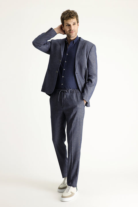 Dark Navy 7 Drop Super Slim Fit Extra Narrow Cut Elastic Waist Drawstring Patterned Linen Blend Suit