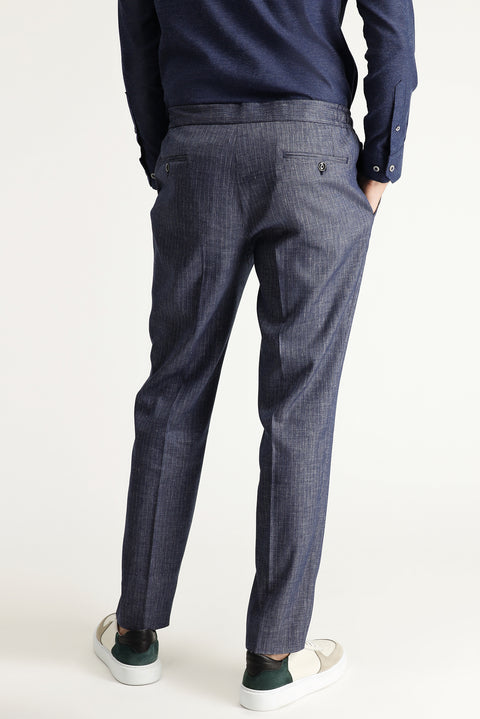 Dark Navy 7 Drop Super Slim Fit Extra Narrow Cut Elastic Waist Drawstring Patterned Linen Blend Suit