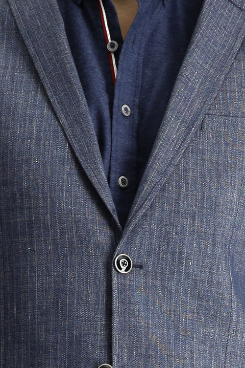Dark Navy 7 Drop Super Slim Fit Extra Narrow Cut Elastic Waist Drawstring Patterned Linen Blend Suit