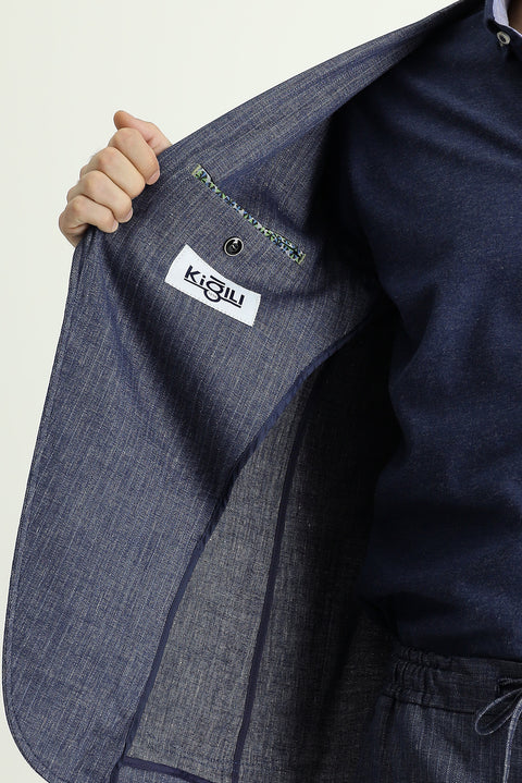 Dark Navy 7 Drop Super Slim Fit Extra Narrow Cut Elastic Waist Drawstring Patterned Linen Blend Suit