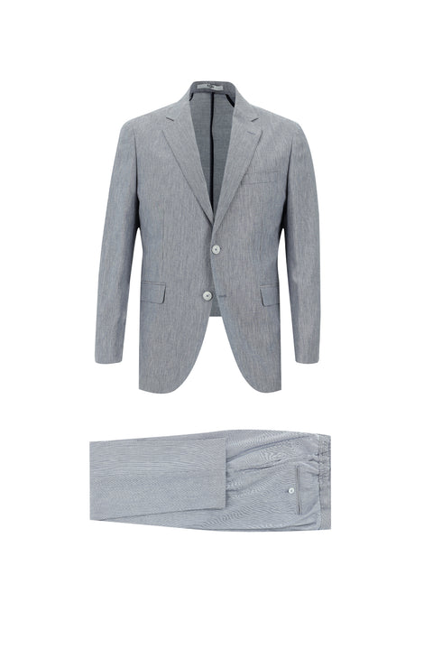 Açık Lacivert 7 Drop Slim Fit Dar Kesim Beli Lastikli İpli Desenli Pamuklu Keten Karışımlı Takım Elbise