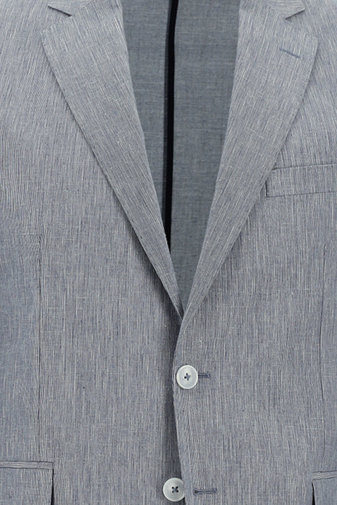 Açık Lacivert 7 Drop Slim Fit Dar Kesim Beli Lastikli İpli Desenli Pamuklu Keten Karışımlı Takım Elbise