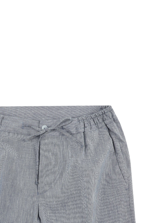 Açık Lacivert 7 Drop Slim Fit Dar Kesim Beli Lastikli İpli Desenli Pamuklu Keten Karışımlı Takım Elbise