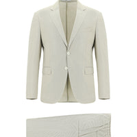 Medium Beige 7 Drop Slim Fit Narrow Cut Elastic Waist Drawstring Patterned Cotton Linen Suit