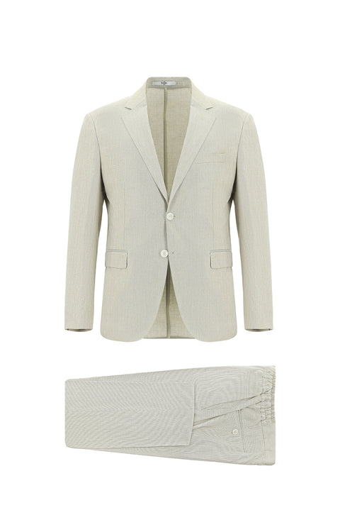 Medium Beige 7 Drop Slim Fit Narrow Cut Elastic Waist Drawstring Patterned Cotton Linen Suit