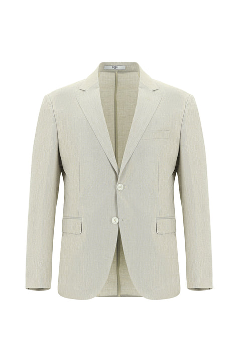 Medium Beige 7 Drop Slim Fit Narrow Cut Elastic Waist Drawstring Patterned Cotton Linen Suit