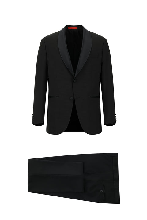 Black 6-Drop Regular Fit Standard Cut Shawl Collar Patterned Tuxedo & Groom Suit