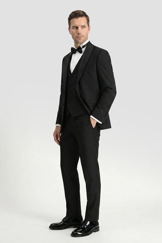  Siyah 7 Drop Slim Fit Dar Kesim Şal Yaka Yelekli Smokin & Damatlık