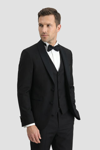  Siyah 7 Drop Slim Fit Dar Kesim Şal Yaka Yelekli Smokin & Damatlık