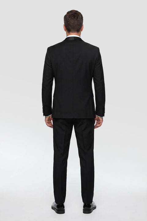 Siyah 7 Drop Slim Fit Dar Kesim Şal Yaka Yelekli Smokin & Damatlık