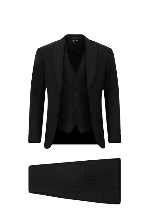 Siyah 7 Drop Slim Fit Dar Kesim Şal Yaka Yelekli Smokin & Damatlık