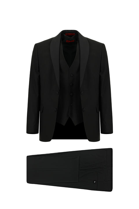 Black 6-Drop Regular Fit Standard Cut Shawl Collar Vest Tuxedo & Groom Suit