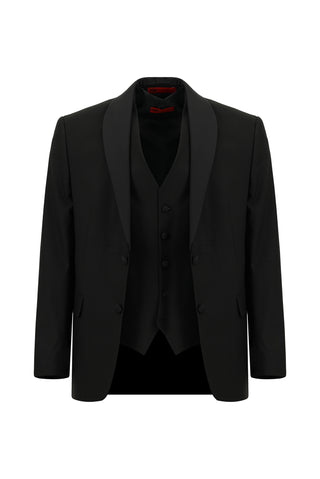  Siyah 7 Drop Slim Fit Dar Kesim Şal Yaka Yelekli Smokin & Damatlık