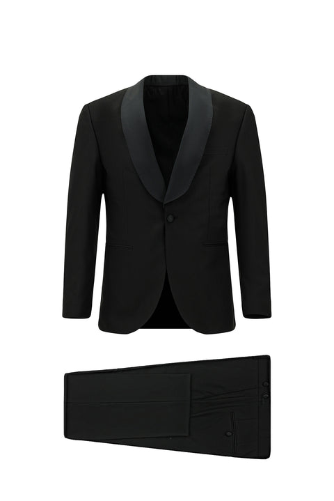 Siyah 7 Drop Slim Fit Dar Kesim Şal Yaka Smokin & Damatlık