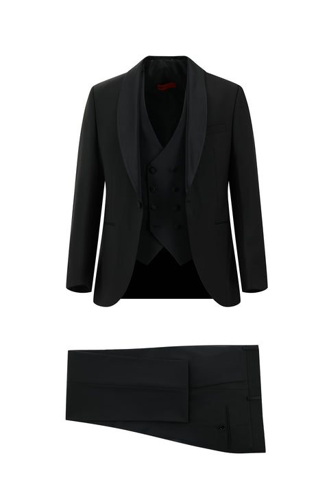 Black 6-Drop Regular Fit Standard Cut Shawl Collar Vest Wool Tuxedo & Groom Suit