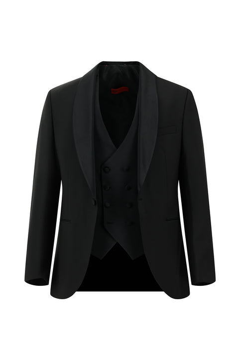 Black 6-Drop Regular Fit Standard Cut Shawl Collar Vest Wool Tuxedo & Groom Suit