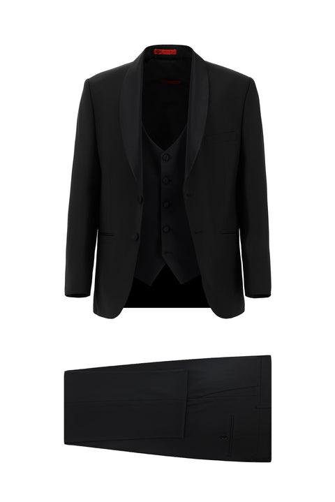Black 4-Drop Relaxed Fit Loose Cut Shawl Collar Wool Vest Tuxedo & Groom Suit