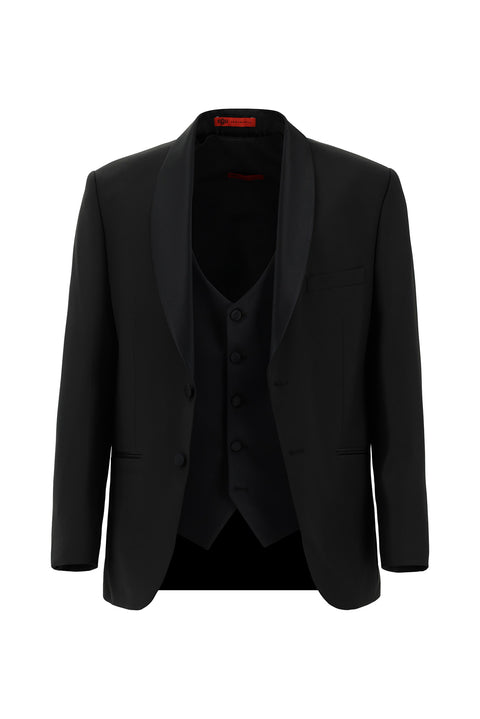 Black 4-Drop Relaxed Fit Loose Cut Shawl Collar Wool Vest Tuxedo & Groom Suit