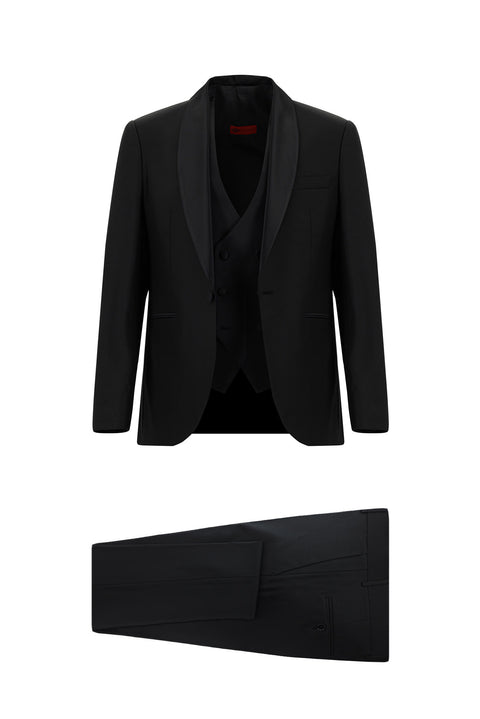 Black 7 Drop Slim Fit Narrow Cut Shawl Collar Wool Vest Tuxedo & Groom Suit