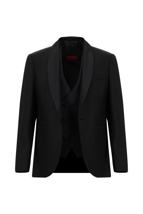 Black 7 Drop Slim Fit Narrow Cut Shawl Collar Wool Vest Tuxedo & Groom Suit