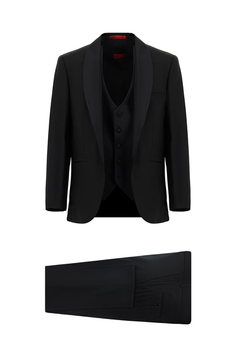 Black 4-Drop Relaxed Fit Loose Cut Shawl Collar Wool Vest Tuxedo & Groom Suit