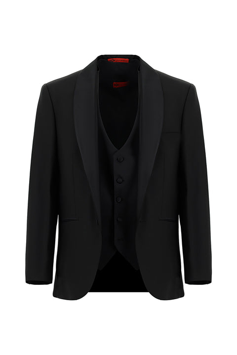 Black 4-Drop Relaxed Fit Loose Cut Shawl Collar Wool Vest Tuxedo & Groom Suit