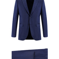 Orta Lacivert 7 Drop Slim Fit Dar Kesim Desenli Keten Karışımlı Takım Elbise