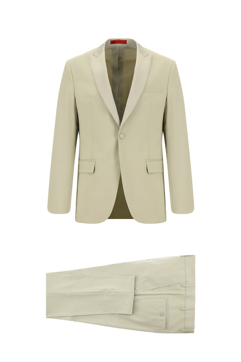 Orta Bej 7 Drop Slim Fit Dar Kesim Sivri Yaka Smokin & Damatlık