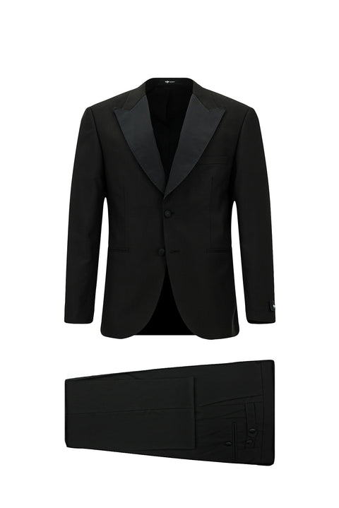 Black 4-Drop Relaxed Fit Comfortable Cut Pointed Collar Tuxedo & Groom Suit