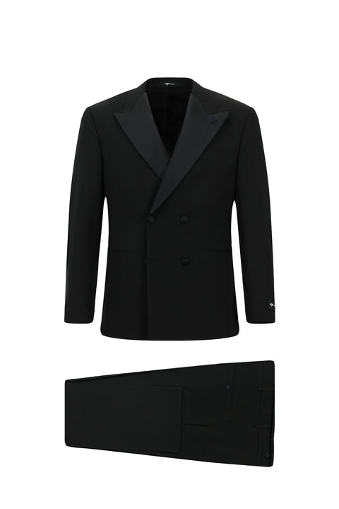 Black 6-Drop Regular Fit Standard Cut Pointed Lapel Double-Breasted Tuxedo & Groom Suit
