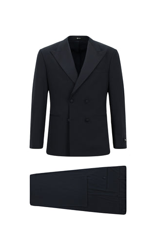  Koyu Lacivert 6 Drop Regular Fit Standart Kesim Sivri Yaka Kruvaze Smokin & Damatlık