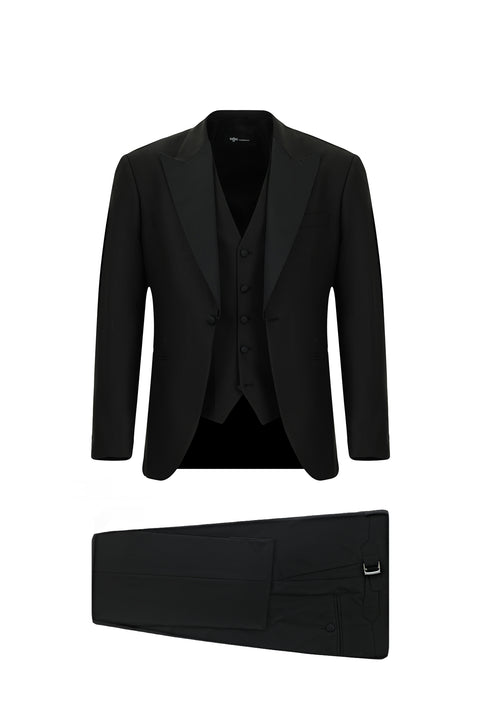 Black 7 Drop Slim Fit Narrow Cut Pointed Collar Vest Tuxedo & Groom Suit